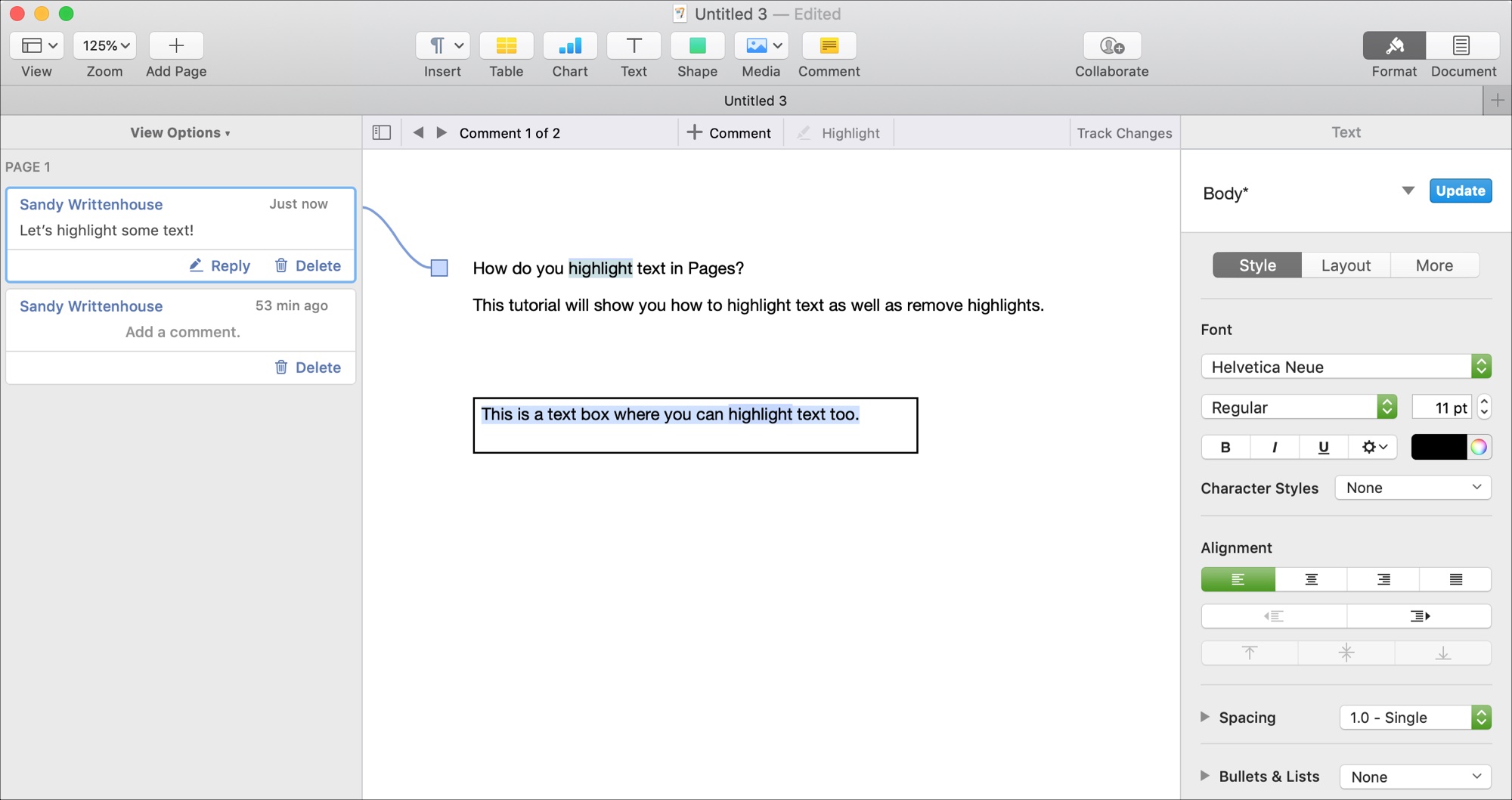 How to highlight text in pages app